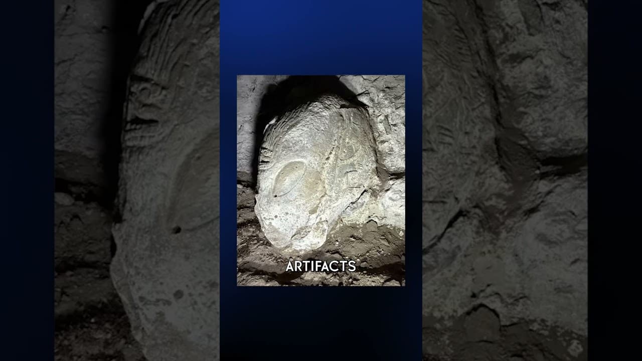 A Three Foot Artefact Sticking Out of the Bedrock, Surrounded by Crystal Skulls