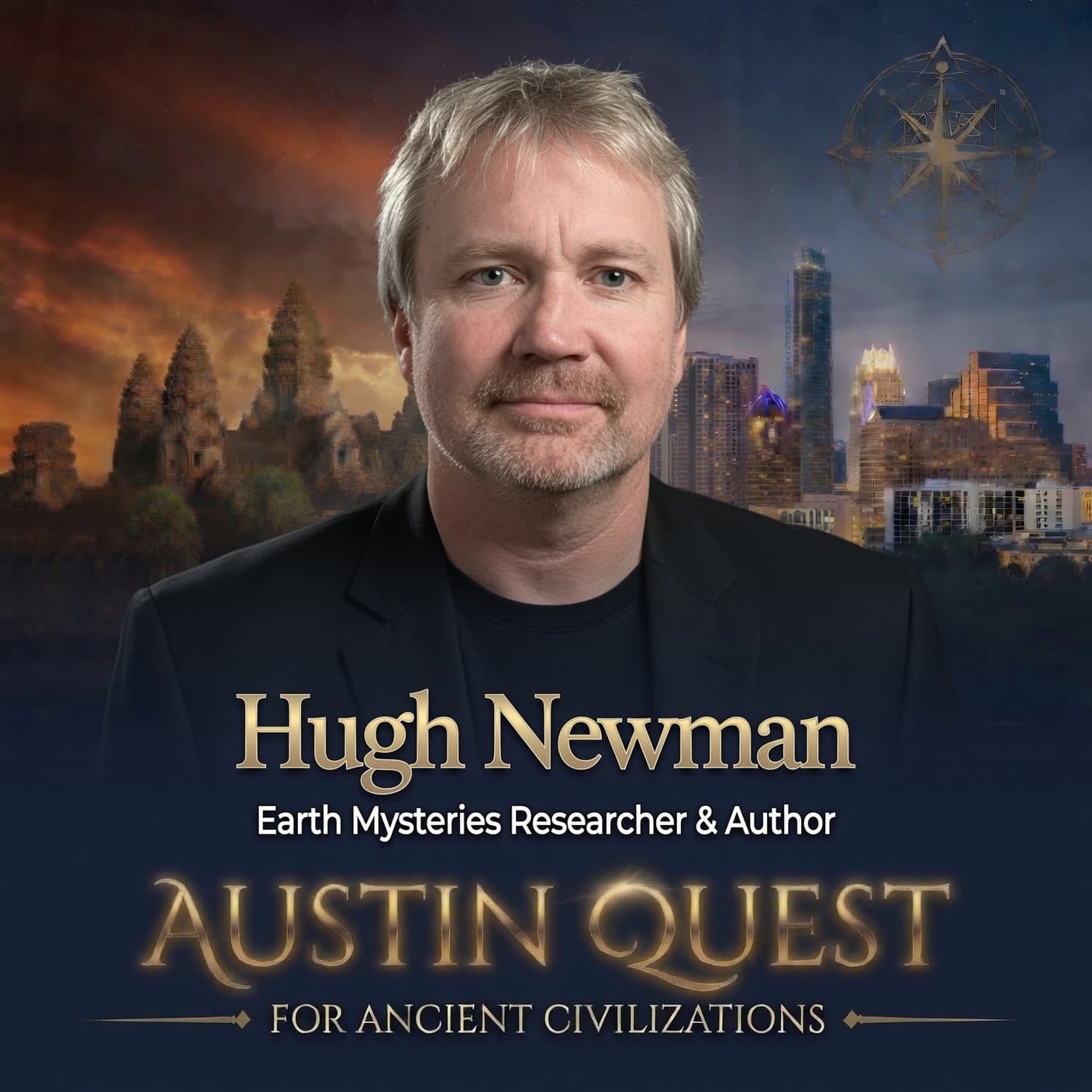 Hugh Newman against the Austin skyline and the towers of Angkor, from the official Quest speaker art